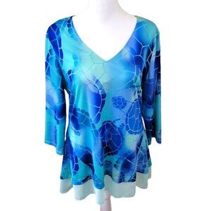 Kristine Blue Green Flowy V-Neck Tunic Blouse Women's Size S/M